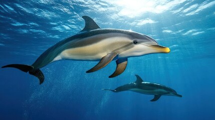 Obraz premium Two dolphins swimming gracefully in clear blue ocean water.