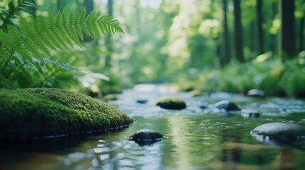 Mossy rocks in a forest stream.
