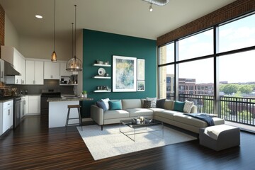 Fototapeta premium Modern open concept apartment teal accent wall white kitchen cabinets dark hardwood floors