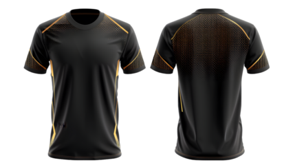 black sports t-shirt with gold pattern, jersey mockup design with front and back views isolated on a transparent background