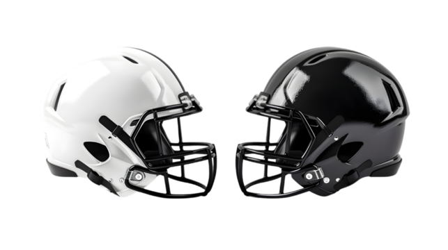 Blank black and white american football helmet mockup, profile view isolated on a transparent background