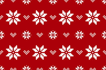 Pixel Christmas Pattern with White Snowflake Icons on Red Background,Nordic and Scandinavian Style,Ideal for Gift Wrapping,Sweaters,Fabric,Border,Banner and Digital Art Projects During the Holiday