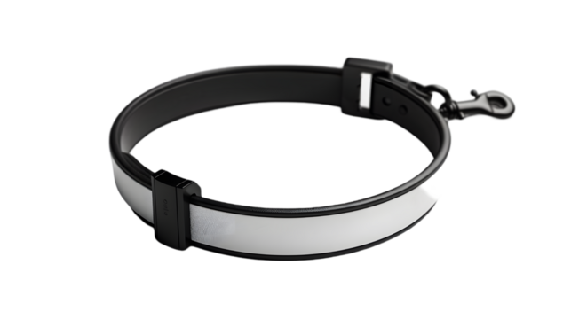 Blank black and white dog collar with plastic buckle mockup isolated on a transparent background