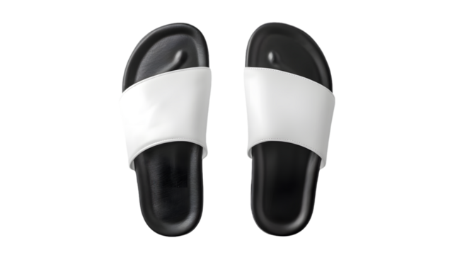 Blank black and white home slippers mockup, top view isolated on a transparent background