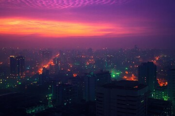 Fototapeta premium A vibrant city skyline at dusk, illuminated by colorful lights.
