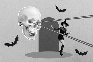 Collage photo poster sketch witch lady wear black cone costume scared look skeleton skull laser vision devil monster isolated on grey background