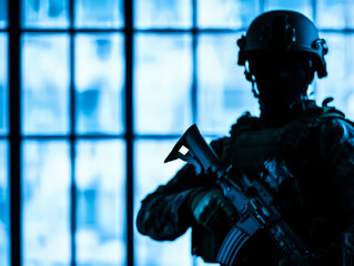 Silhouette of soldier holding weapon in dark room with blue light