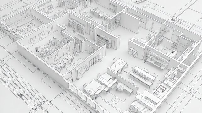 3D office interior layout plan on blueprint paper, detailed textures and design.