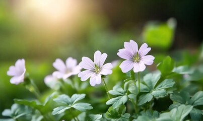 Fototapeta premium Soft sunlight illuminates delicate pale pink flowers in a lush green garden.