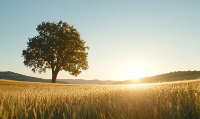 Fototapeta premium Solitary tree in golden wheat field at sunset.