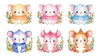 Obraz premium Cute cartoon animals in pastel colors surrounded by plants on a black background.