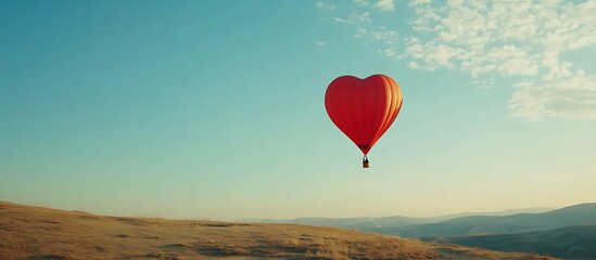 Fototapeta premium red air balloon in the shape of heart against blue sky in a sunny bright day fly high Romantic trip on Valentine's Day. Sports and recreation travel theme. Nature background, empty space