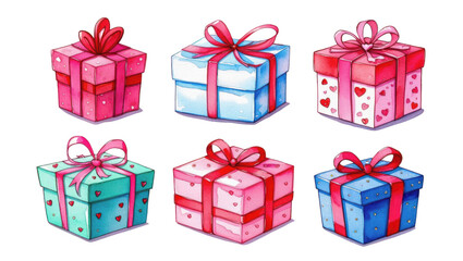 Colorful gift boxes with bows, arranged in two rows on a black background.
