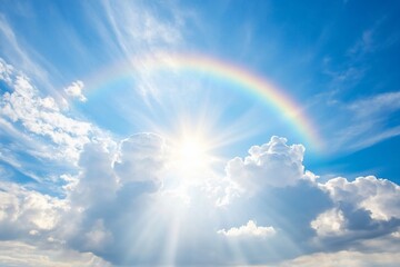 Sun shining brightly behind fluffy clouds with a rainbow.