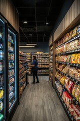 Fototapeta premium Grocery shopping experience local convenience store retail store aisle indoor environment perspective view consumer behavior insights