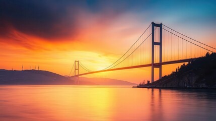 Fototapeta premium Sunset view of the Bosphorus Bridge in Istanbul, blending continents and cultures