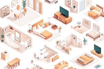 Fototapeta premium 3D isometric illustrations of cozy apartment rooms, using warm, welcoming tones.