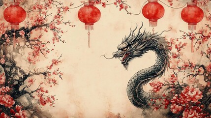 Obraz premium A vibrant watercolor illustration featuring a majestic Chinese dragon amidst cherry blossoms and lanterns, perfect for Chinese New Year celebrations and cultural events.