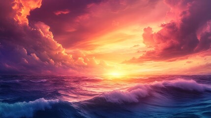 Fototapeta premium Fiery Sunset over Dramatic Ocean Waves