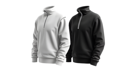 Blank black and white quarter zip sweater mockup, side view isolated on a transparent background