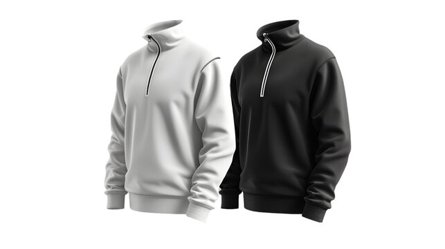 Blank black and white quarter zip sweater mockup, side view isolated on a transparent background