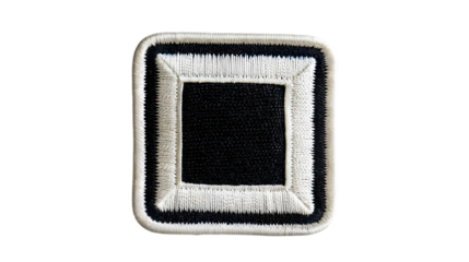 Blank black and white square embroidered patch mockup, top view isolated on a transparent background