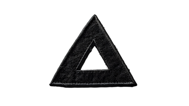 Blank black and white triangle embroidered patch mockup, top view isolated on a transparent background