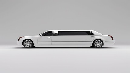 A sleek white limousine with a long body, designed for luxury transportation, showcasing elegance and sophistication.
