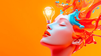 Inspired by Creativity: A woman's head is engulfed in a vibrant splash of orange and blue paint, symbolizing the creative process and the spark of inspiration.