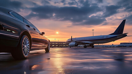 Business class transfer service at the airport. Private executive airplane and luxury car, Airport shuttle