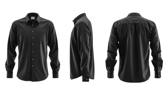 Blank black classic shirt mockup, rotation angles of all sides isolated on a transparent background