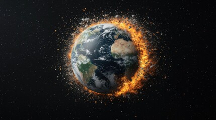 Naklejka premium Earth engulfed in a fiery explosion, surrounded by fragments and debris in outer space, illustrating planetary destruction