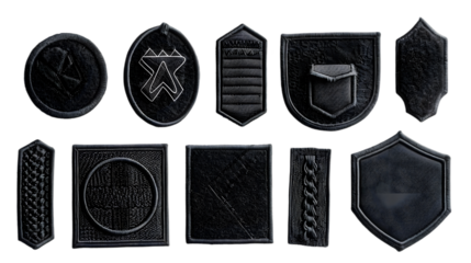 Blank black embroidered patch mock up, different types, top view isolated on a transparent background