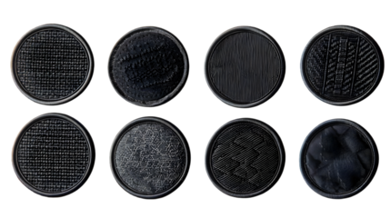 Blank black embroidered patch mock up, different types, top view isolated on a transparent background