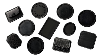 Blank black embroidered patch mock up, different types, top view isolated on a transparent background