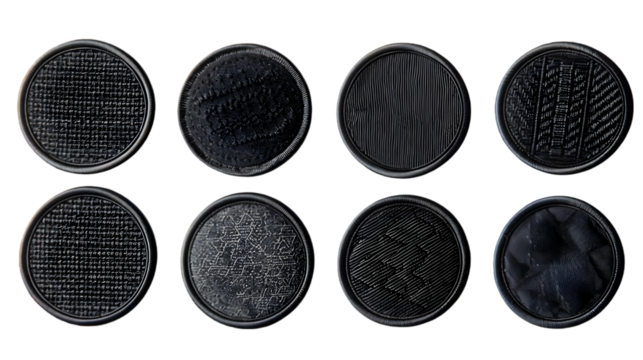 Blank black embroidered patch mock up, different types, top view isolated on a transparent background