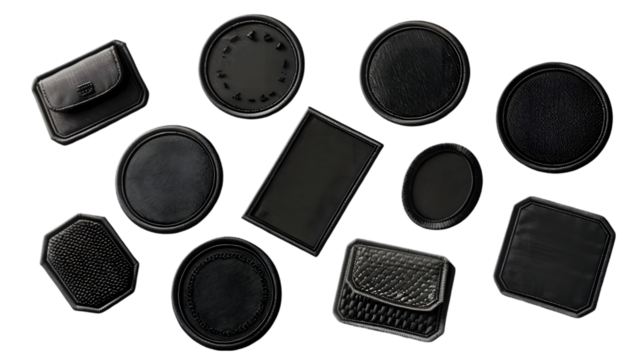 Blank black embroidered patch mock up, different types, top view isolated on a transparent background