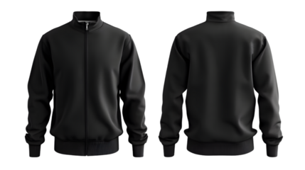 Blank black quarter zip sweater mockup, front and back view isolated on a transparent background