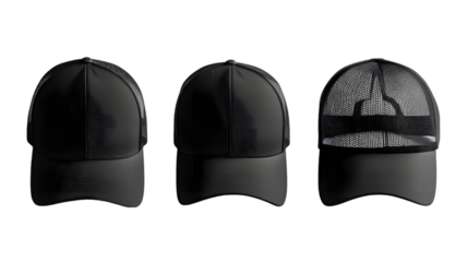 Blank black trucker hat mockup, different views isolated on a transparent background