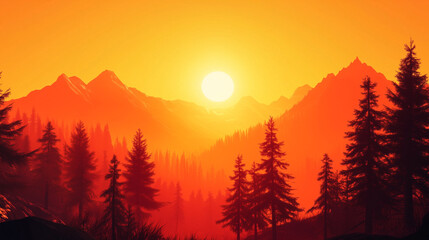 Morning light illuminating serene mountain panorama with pine trees