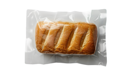 Blank bread in white transparent cellophane pack mockup, no gravity isolated on a transparent background