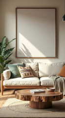 sunlit living room with beige couch wooden coffee table
