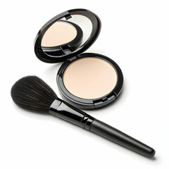 an overhead view of black oval brush and compact
