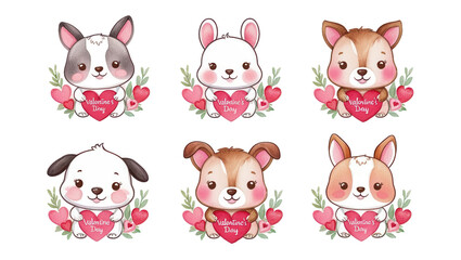 Obraz premium Cute cartoon animals with hearts and floral elements on a black background.