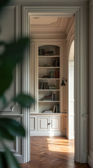 Fototapeta premium sunlit alcove with a built- bookshelf a classically styled room