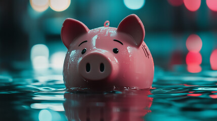 Piggy bank sinking in water symbolizing financial distress
