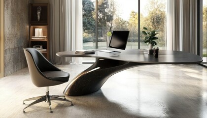 Fototapeta premium Modern office setup with a sleek desk, chair, and computer.