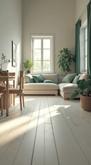 Fototapeta premium sunlit living room with beige sectional teal accents