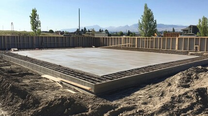 A concrete foundation slab prepared for construction.