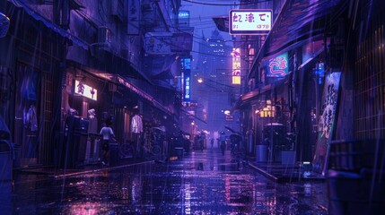 Obraz premium A vibrant, rainy street scene illuminated by neon signs at night.